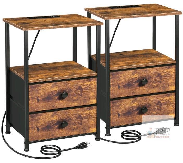 LOAKEKEL Nightstand HETS02PBR, Pair, 2-Drawer, Rustic Brown, Power Outlets,