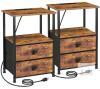 LOAKEKEL Nightstand HETS02PBR, Pair, 2-Drawer, Rustic Brown, Power Outlets,
