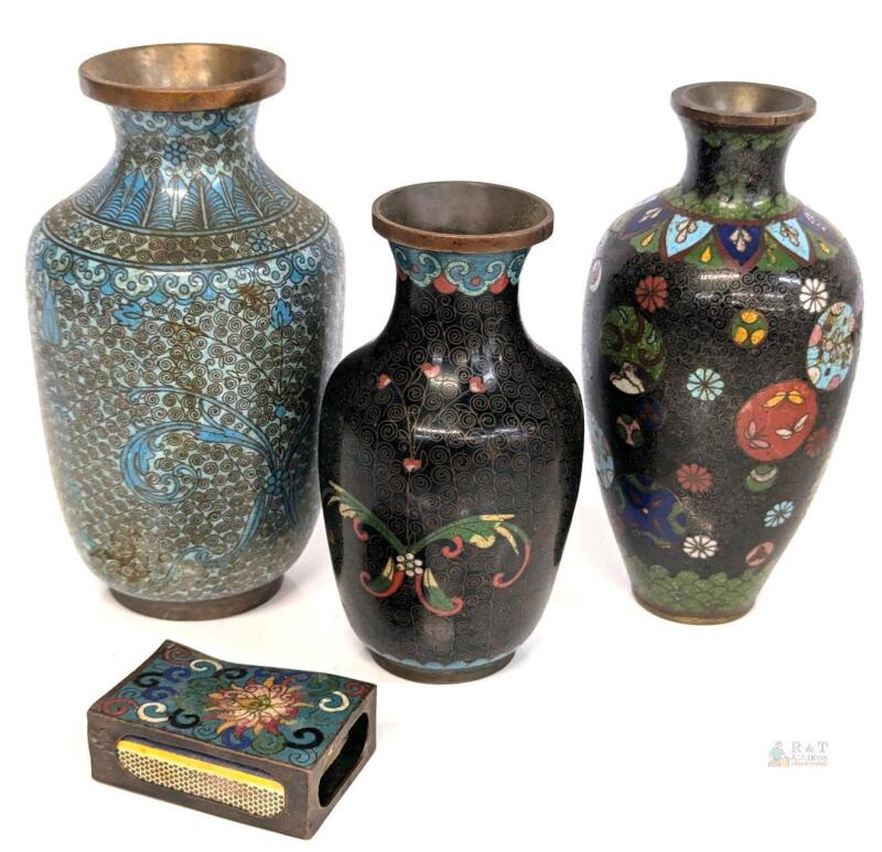 [Dents] Vintage Brass Cloisonn&eacute; Enamel Small Tabletop Vases & Matchbox Cover, Up To 6.2" Tall