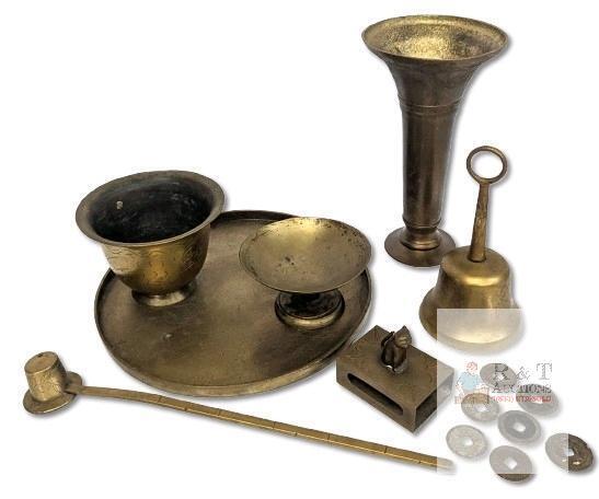 Vintage Chinese Brass Collectables: 8" Tray, 7" Vase, Cup, Offering Dish, Tiger Matchbox Cover, Candle Snuffer, Bell & Coins