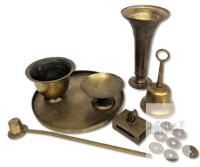 Vintage Chinese Brass Collectables: 8" Tray, 7" Vase, Cup, Offering Dish, Tiger Matchbox Cover, Candle Snuffer, Bell & Coins