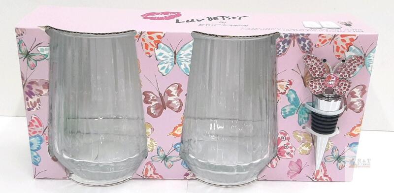 Betsey Johnson Luv Betsey 2 Glasses & Butterfly Wine Stopper Gift Set, 16oz Glasses
