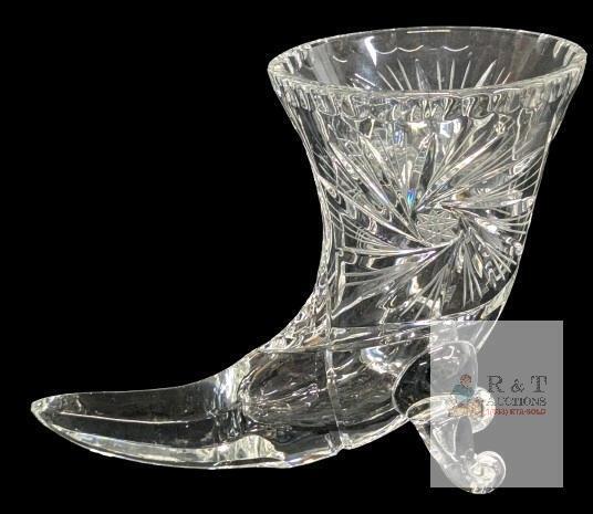 Vintage Czech Crystal Glass Cornucopia Footed Vase Pinwheel Horn of Plenty, Pointed Tail, 6" Tall - No Chips or Cracks