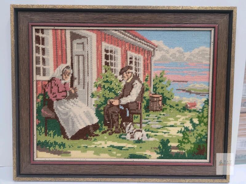 Framed Vintage Needlepoint Art Rustic Cottage Scene Elderly Couple 19X15"
