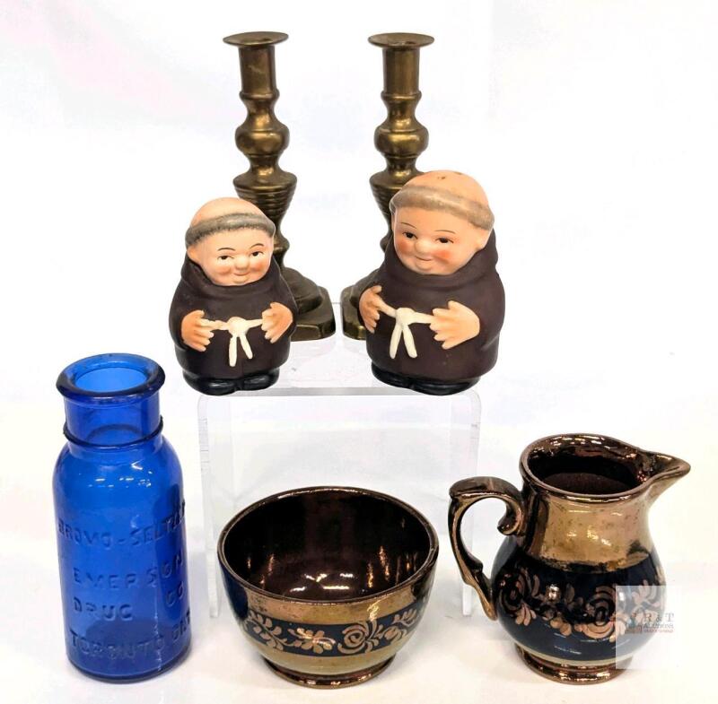 Vintage Western German Friar S&P Shakers, Bromo-Seltzer Emerson Drug Co Toronto Cobalt Blue Glass Bottle, English Copper Lustreware Creamer + Sugar, Pair of Small Brass Candlesticks 4.15" Tall -No Chips or Cracks