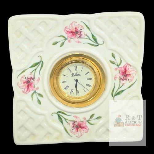 Vintage Belleek Ireland Blue Stamp " Country Trellis " Table Clock, 4" Tall No Chips or Cracks, Clock Likely Needs New Batteries (Non-Functional)