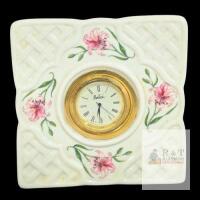 Vintage Belleek Ireland Blue Stamp " Country Trellis " Table Clock, 4" Tall No Chips or Cracks, Clock Likely Needs New Batteries (Non-Functional)