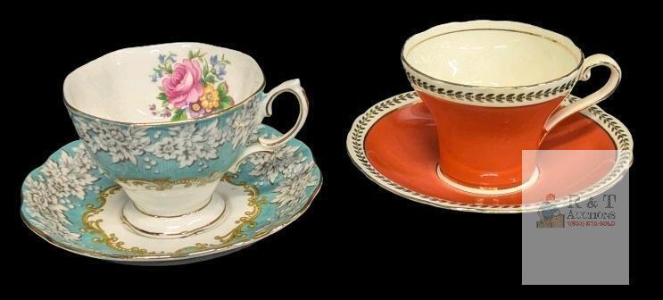 2 Vintage Tea Cups & Saucers : Royal Albert " Enchantment " & Aynsley Coral Orange Corset , No Chips or Cracks, Aynsley Rings Tinny