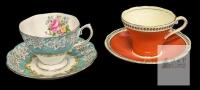 2 Vintage Tea Cups & Saucers : Royal Albert " Enchantment " & Aynsley Coral Orange Corset , No Chips or Cracks, Aynsley Rings Tinny