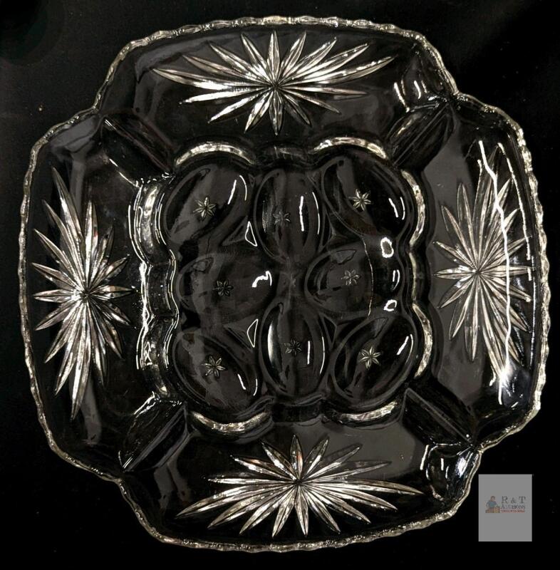 Vintage Unsigned Anchor Hocking Pressed Glass Deviled Egg & Appetizer Plate, 11.75" &times; 11.75" - No Chips or Cracks
