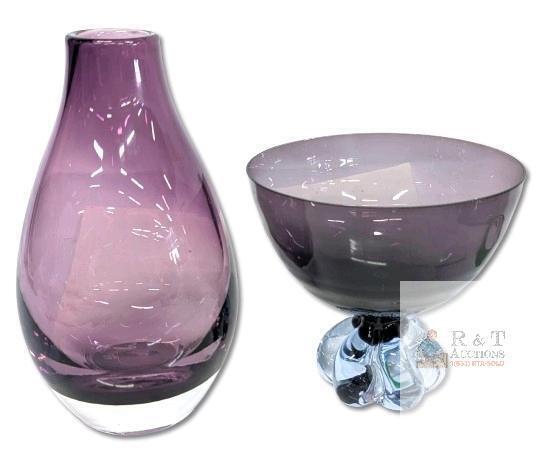 Crate and Barrel Poland Amethyst Como Vase & Vintage MCM Aqua & Amethyst Scandinavian Glass Bowl With Lobed Base, Up To 8.25", Fleabites Along Rim of Bowl