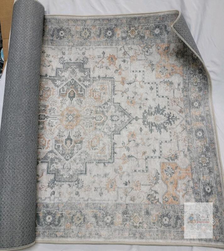 Large Machine-Made Oriental Area Rug 36*85", Gray/Cream/Gold, Low Pile, Synthetic Fiber