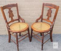 Pair Victorian Eastlake Style Cane Seat Armchairs Circa 1880 Ornate Carved Walnut/Oak Wood one seat damaged