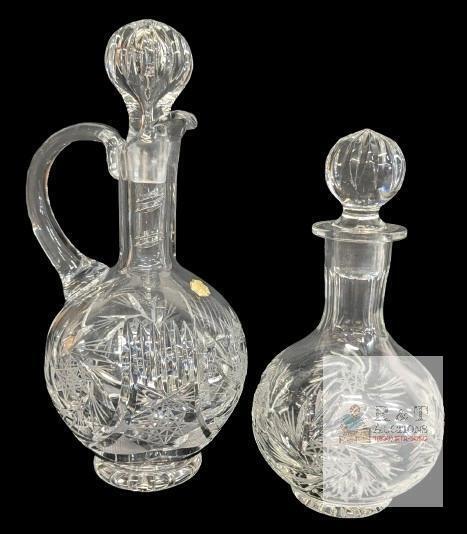 Pair Vintage Likely Polish/Solviet Hand Cut Crystal Pinwheel Decanters With Stoppers, No Maker's Marks, 8" - 10.25" Tall, No Chips or Cracks