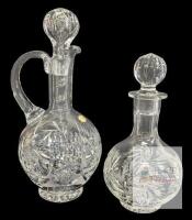 Pair Vintage Likely Polish/Solviet Hand Cut Crystal Pinwheel Decanters With Stoppers, No Maker's Marks, 8" - 10.25" Tall, No Chips or Cracks