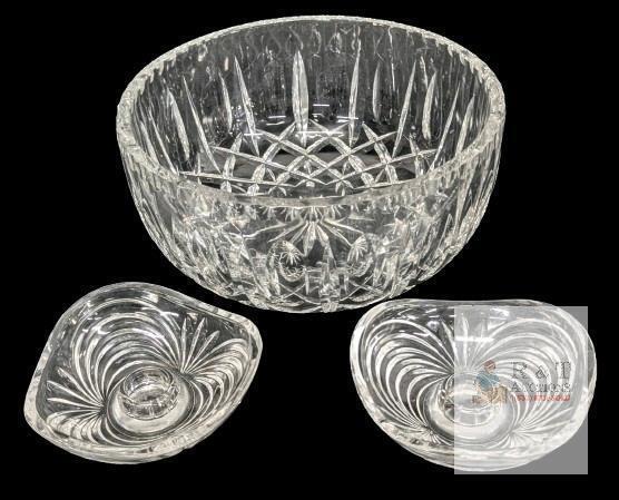 Waterford Crystal Bowl + Aurea Royal Crystal Rock Candlestick Holders With Ribs and Arches 4.4" &times; 1.5" Tall, Fleabites Around Inside Bowl Rim