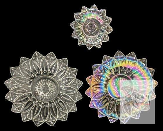 Vintage Unsigned Federal Glass Petal Pattern Serving Plates : 2&times; 11.25" (Clear & Aurora Iridescent) & Small 6.3" Aurora Iridescent Carnival Glass Dish, No Chips or Cracks