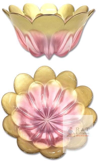 Waltherglas Germany Art Glass Tulip Flower Bowl Large, Pink & Gold, 10.25"d &times; 6" Tall, No Chips or Cracks