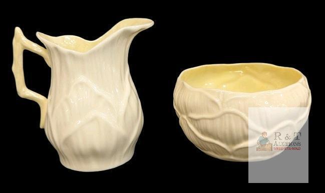 Vintage Belleek Green Stamp Lily White Sugar and Creamer Set, 3.5", Hairline Crack (Possibly Crazing in Glaze) Inside Creamer, No Other Chips or Cracks