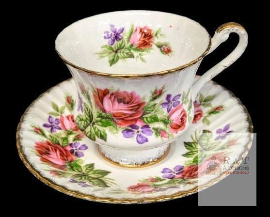 Vintage Paragon Warranted Red Roses And Purple Violets Bone China Tea Cup And Saucer, No Chips or Cracks, Both Ring- Cup Rings Tinny, Extra Colour Spots Noted on Cup