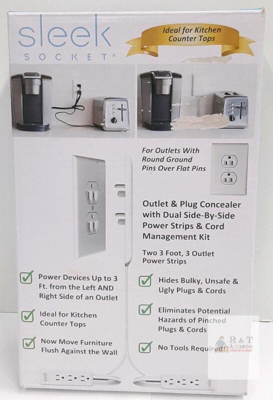 Sleek Socket 3-2XIDOWN-OVSZ-W Dual 3ft 3-Outlet Power Strip Kit, Conceals Plugs, ETL, White