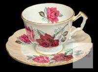 Vintage AYNSLEY Bone China England Peach Stripe Magenta & Wine Red Roses Tea Cup & Saucer, Rings True, No Chips or Cracks