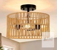 Rattan Ceiling Light Fixture, 12.6" Diameter, 2-Light Semi-Flush Mount, Natural Wicker Shade