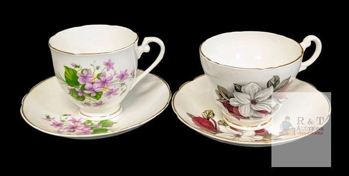 2 Vintage Consort English Bone China Tea Cups & Saucers : Purple Violets & Red/White Magnolia, No Chips or Cracks, 1 Saucer Rings Dully