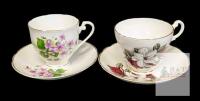 2 Vintage Consort English Bone China Tea Cups & Saucers : Purple Violets & Red/White Magnolia, No Chips or Cracks, 1 Saucer Rings Dully