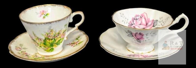 2 Vintage Bone China Tea Cups & Saucers : Queen Anne Pink Roses & Gladstone Pink Yellow Flowers, Rings True, No Chips or Cracks