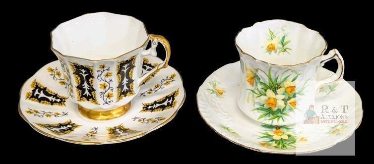 2 Vintage Bone China Tea Cups & Saucers : Sandringham Black Gold & Hammersley Daffodil, Rings True, No Chips or Cracks, Spot Near Handle of Sandringham