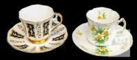 2 Vintage Bone China Tea Cups & Saucers : Sandringham Black Gold & Hammersley Daffodil, Rings True, No Chips or Cracks, Spot Near Handle of Sandringham