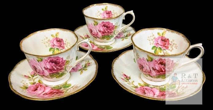 3 Vintage Royal Albert Bone China American Beauty Tea Cups and Saucers, Rings True, No Chips or Cracks