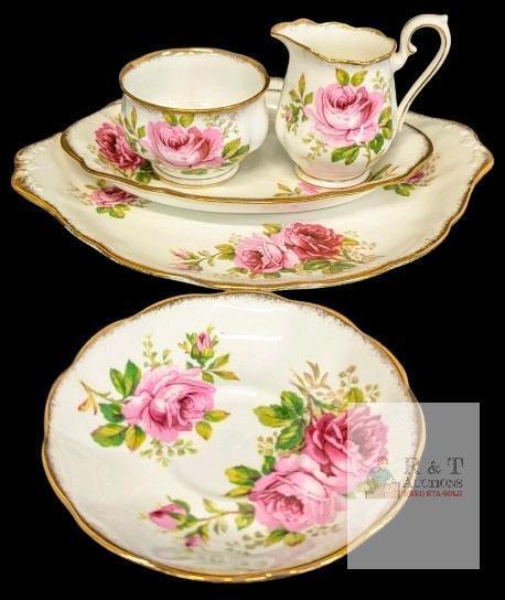 Vintage Royal Albert Bone China American Beauty Creamer & Sugar Set With Tray, Double Handle Cake Plate 9.15" &times; 11.6" & Saucer, All Ring True, No Chips or Cracks