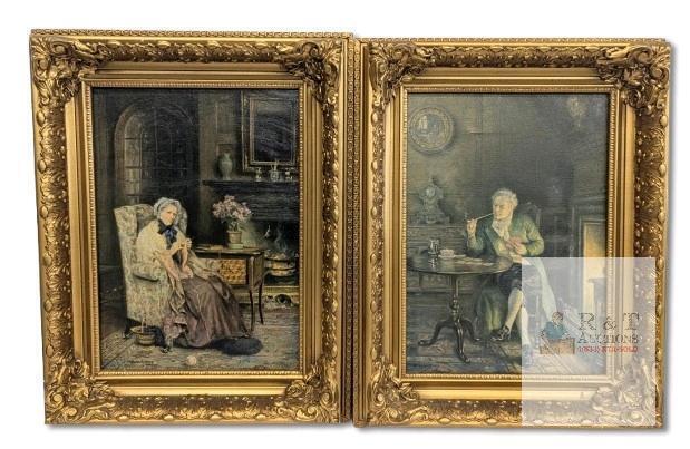 2 Ornately Framed Vintage Frank Moss Bennett Prints : Joan & "Interior Study Of Gentleman Enjoying His Pipe Beside The Fire While Playing Solitaire" - 14.75" &times; 18.65" - Spots of Damage to Both Canvases
