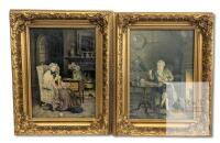 2 Ornately Framed Vintage Frank Moss Bennett Prints : Joan & "Interior Study Of Gentleman Enjoying His Pipe Beside The Fire While Playing Solitaire" - 14.75" &times; 18.65" - Spots of Damage to Both Canvases
