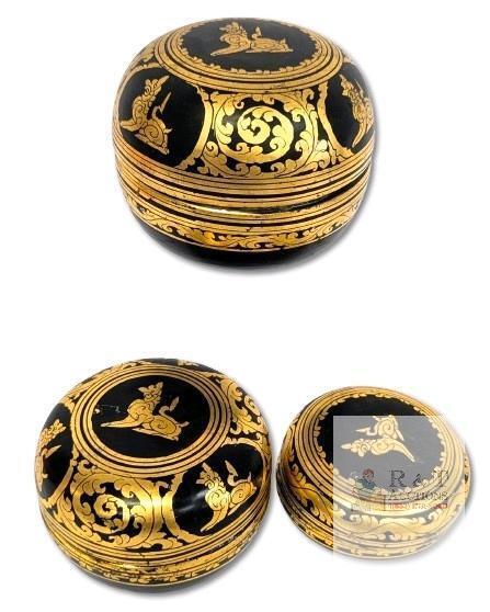Vintage 3-Piece Set Nesting Burmese Lacquerware Boxes with Gold Singha Lion Motif, Up To 3.25" Tall, Some Damage To Rim on Largest Box