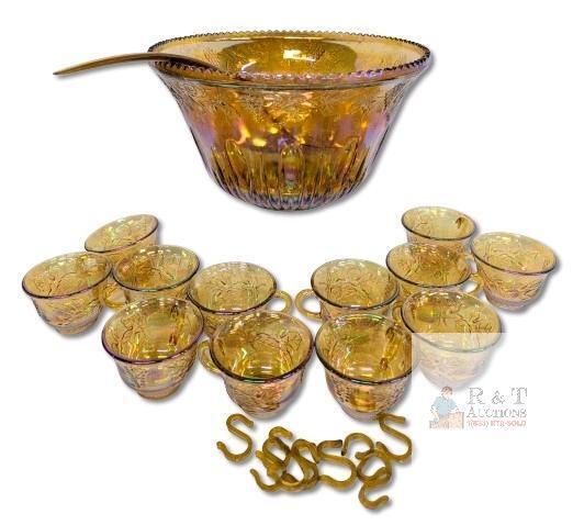 Vintage Unsigned Indiana Glass Iridescent Gold Carnival Glass Harvest Grape Punch Bowl Set : 12.8"D &times; " Tall Punchbowl, Plastic Ladle With Damage, 12 Cups & 9 "s" Hooks