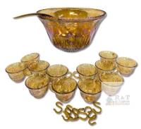 Vintage Unsigned Indiana Glass Iridescent Gold Carnival Glass Harvest Grape Punch Bowl Set : 12.8"D &times; " Tall Punchbowl, Plastic Ladle With Damage, 12 Cups & 9 "s" Hooks