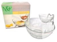 Mayfair & Jackson Clear Glass Fruit Garden Pattern 3-Piece Chip & Dip Set, Up To 10" Diam &times; 4.5" Tall - Excellent Condition, No Chips or Cracks