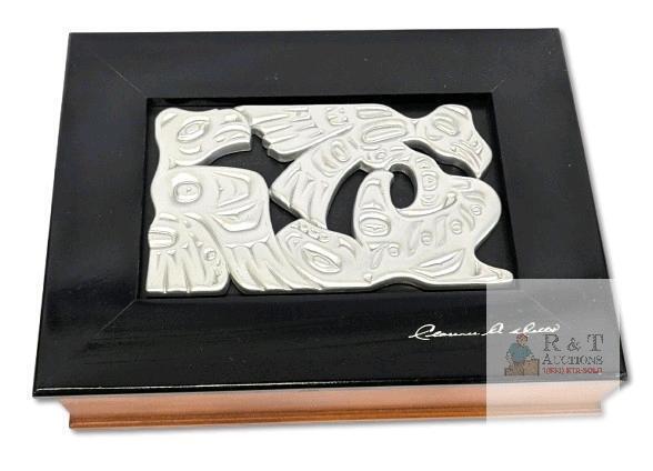 CLARENCE A. WELLS Black Gloss Signed Haida Wooden Keepsake Box with Carved Eagle and Orca, Canadian Aboriginal Artisan, 7.85" &times; 11.2" &times; 2.4" High