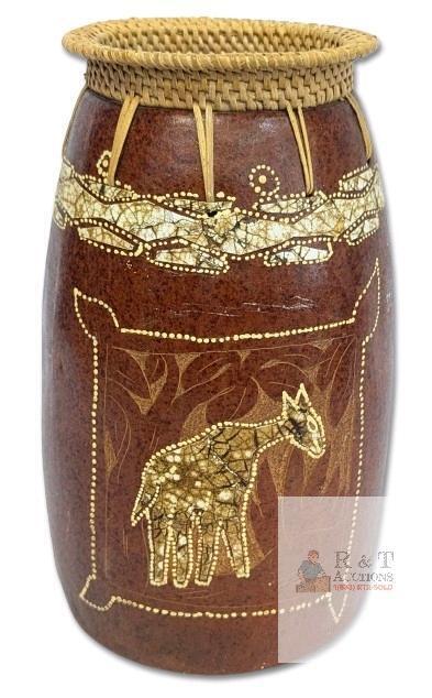 Redware Ceramic Giraffe Design Vase with Wicker Opening - 10.25" No Chips or Cracks