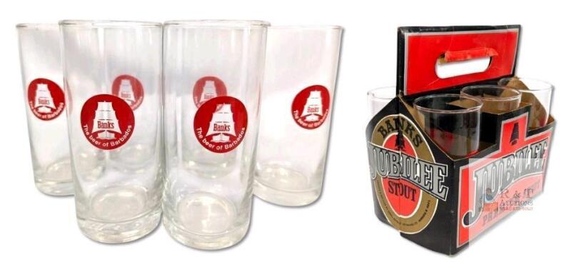 6 Vintage BANKS : The Beer of Barbados Drinking Glasses in Jubilee Stout 6-Pack Cardboard Carrier, 5.6" Tall, No Chips or Cracks