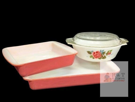 Vintage Pyrex Canada Flamingo Pink Square & Rectangular Baking Dish + JAJ England Cottage Rose Round Baking Dish With Lid, Up To 8.25" &times; 14.6" &times; 2.65" Tall