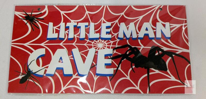 "Little Man Cave" Spider Web Wooden Wall Sign, 11.75" x 5.75", Hanging Twine Included