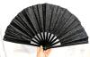 New Large Black Gliter Hand Fan With Velvety Drawstring Carry Bag, Hot Goth Summer, 13.25" Long &times;24.5" Across When Opened, Plastic Ribs, Thick Sturdy Fan Material - 3