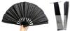 New Large Black Gliter Hand Fan With Velvety Drawstring Carry Bag, Hot Goth Summer, 13.25" Long &times;24.5" Across When Opened, Plastic Ribs, Thick Sturdy Fan Material
