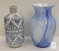 Pair of Blue Swirl Glass Vase 9" & Blue White Ceramic Vase 7" Ornate Design Home Decor