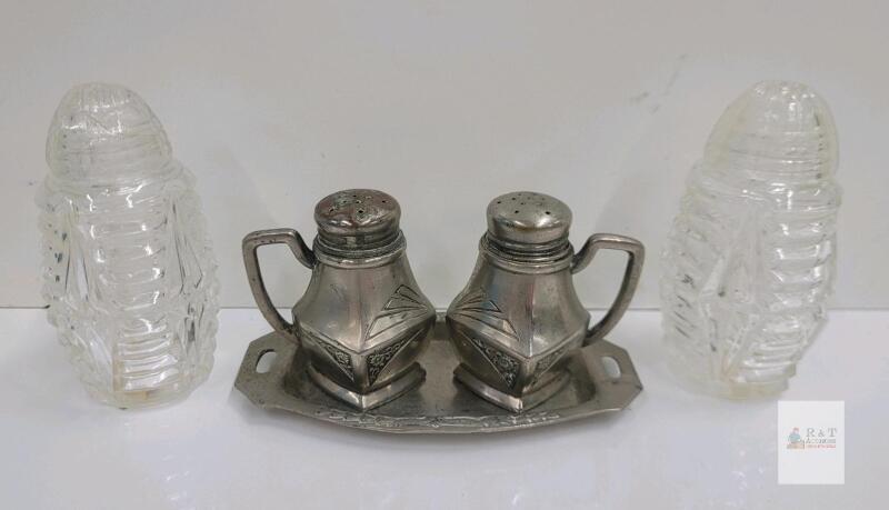Hand Made Waldonia Pressed Glass & Art Deco Silverplate Salt Pepper Shaker Set with Tray