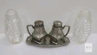 Hand Made Waldonia Pressed Glass & Art Deco Silverplate Salt Pepper Shaker Set with Tray